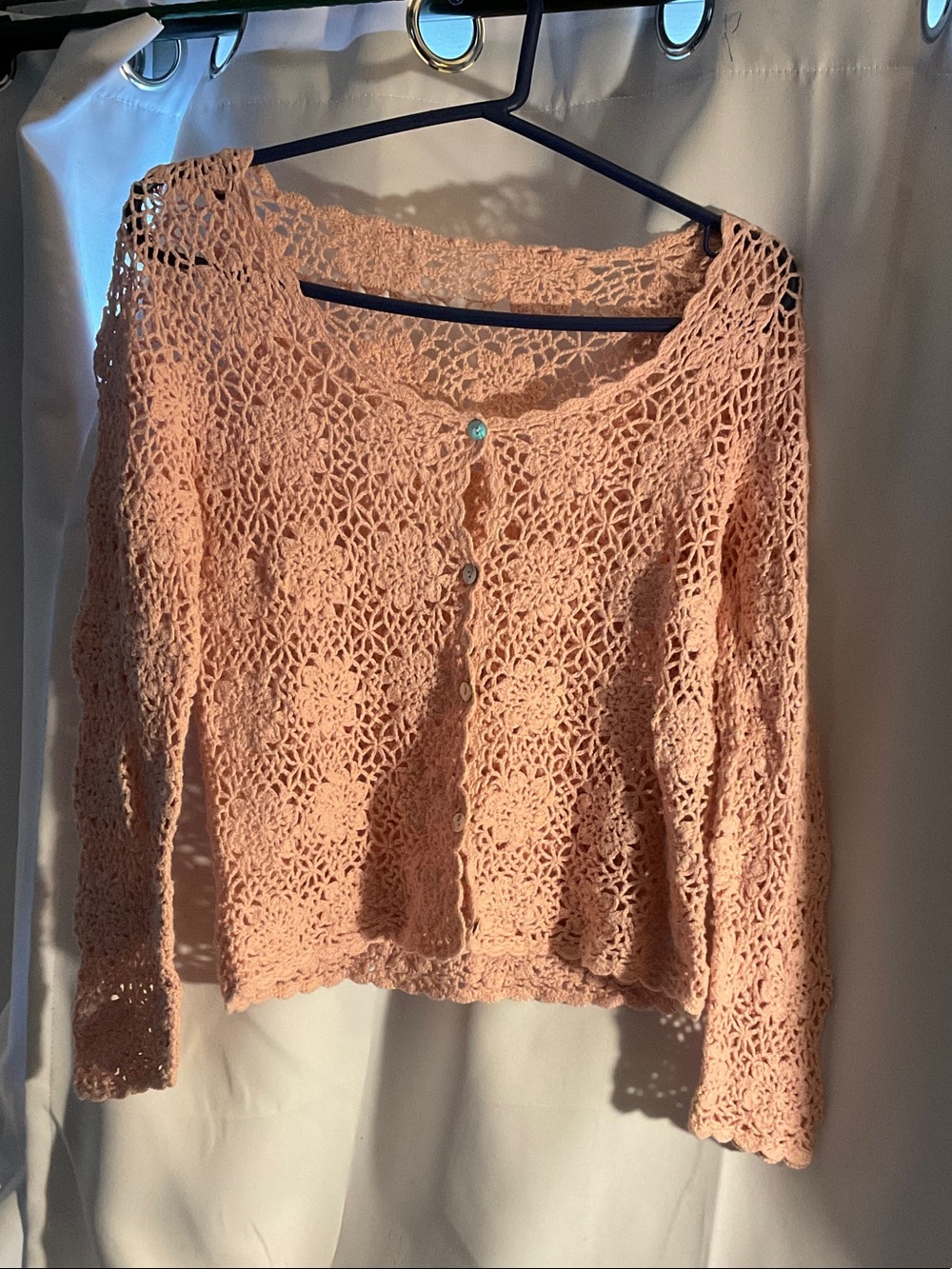 Peach Crochet Knit Button-Up Cardigan